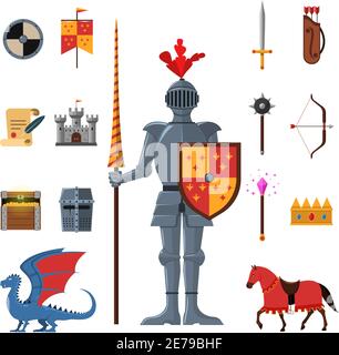 Medieval kingdom legendary armored knight warrior with lance and attributes flat icons set abstract isolated vector illustration Stock Vector