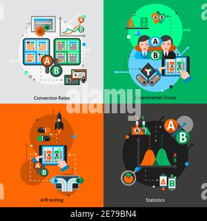A-b testing design concept set with convertion rates experimental group and statistics elements isolated vector illustration Stock Vector