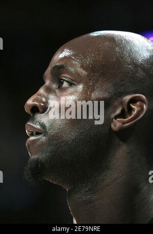 Boston Celtics forward Kevin Garnett waits during warmups for their NBA basketball game against the Denver Nuggets in Denver, Colorado February 19, 2008. Garnett started in the game for the first time in nearly a month after an injury.  REUTERS/Rick Wilking (UNITED STATES)