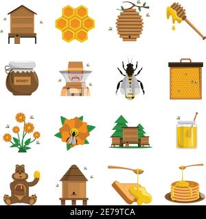 Honey icons set with apiary bees and flowers flat isolated vector illustration Stock Vector