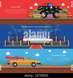 Cars horizontal banners set with representation class cars and journey by car symbols flat isolated vector illustration Stock Vector