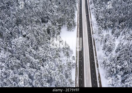 straight road going through the beautiful snow-covered forest landscapes. aerial view