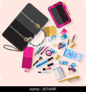 Woman open handbag content with makeup items cosmetic case smartphone purse and beauty accessories abstract vector illustration Stock Vector
