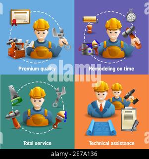 Premium remodeling service and technical assistance in house renovation 4 isometric icons square composition abstract vector illustration Stock Vector