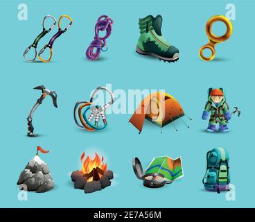 Mountain climbing equipment and tools 3d icons set with ice axe and  harness abstract isolated vector illustration Stock Vector
