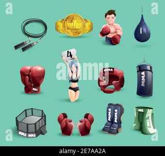 Mixed martial arts mma fighter ring cage equipment and accessories 3d pictograms set abstract isolated vector illustration Stock Vector