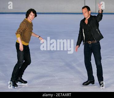 Actors Jon Heder (L) and Will Arnett pose for photographers during a media opportunity at an ice skating rink to promote their film 'Blades of Glory' in Sydney June 6, 2007.         REUTERS/Tim Wimborne     (AUSTRALIA)