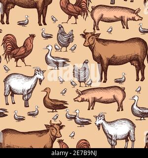 Farm seamless pattern with domestic animals hand drawn vector illustration Stock Vector