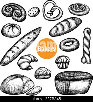 Hand drawn bakery set with bread and pastry isolated vector illustration Stock Vector