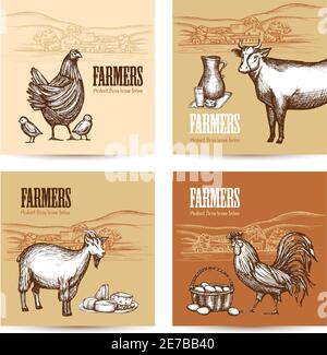 Farm market cards set with domestic animals and organic food sketch isolated vector illustration Stock Vector