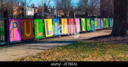 Chicago, Illinois, USA. 18th Mar, 2018. A sign designed by schoolchildren is displayed in front of their elementary school in Chicagos Pullman neighborhood. Credit: Kenneth Johnson/ZUMA Wire/ZUMAPRESS.com/Alamy Live News Stock Photo