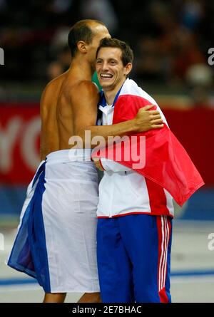 Renaud Lavillenie Of France R And Compatriot Romain Mesnil Celebrate After The Men S Pole Vault Final