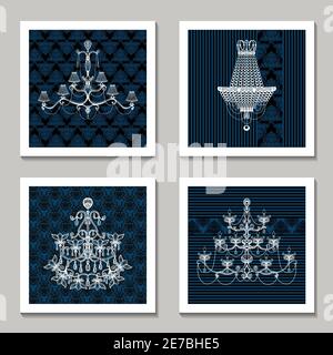 Vintage chandelier cards set with vintage interior light decoration isolated vector illustration Stock Vector