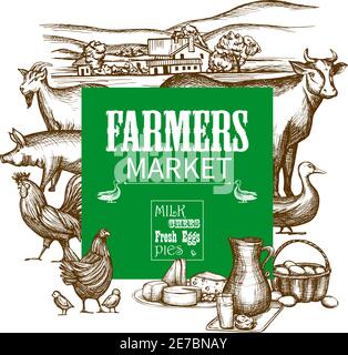 Farm market invitation frame with hand drawn animals and food vector illustration Stock Vector