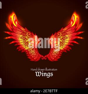 Red and yellow bright glowing ornamental wings in fire hand drawn vector illustration Stock Vector