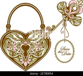 Vintage key and heart shape ornamental lock hand drawn vector illustration Stock Vector