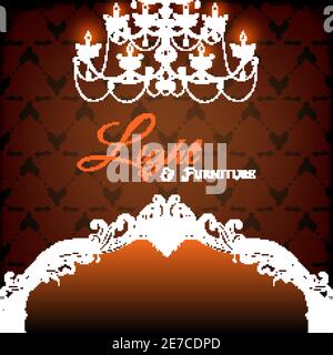 Baroque style bedroom poster with vintage bed and luxury chandelier vector illustration Stock Vector
