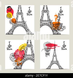 Paris card set with hand drawn flower decorated Eiffel tower isolated vector illustration Stock Vector