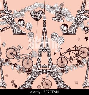 Paris seamless pattern with Eiffel tower and retro bicycles vector illustration Stock Vector