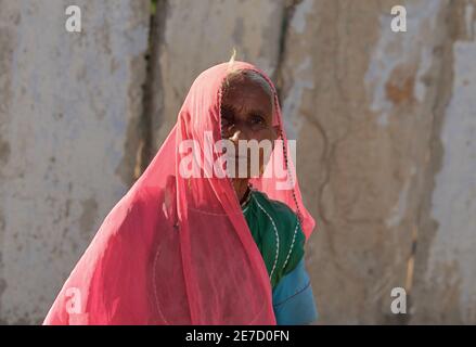 rajasthan india. Oct 1, 2020. Portrait view of old lady in a Rajasthani dress. india- Asia Stock Photo