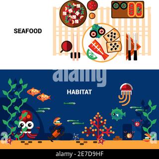 Horizontal  banners set of marine life  and table served with seafood flat vector illustration Stock Vector