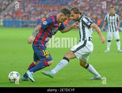 BERLIN, GERMANY - JUNE 6, 2015: Lionel Messi, Luis Suarez and