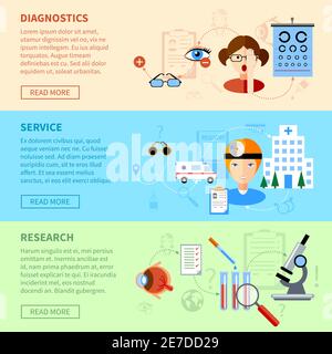 Eyesight problems horizontal banners set with diagnostics service and research symbols flat isolated vector illustration Stock Vector