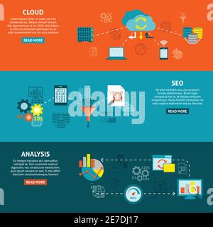 Cloud analyzes and searching engine optimization data analytics online information 2 flat banners set isolated vector illustration Stock Vector