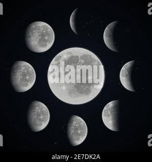 Moon phases set on dark space background with stars realistic vector illustration Stock Vector