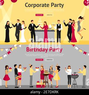 Set of corporate and birthday party banners with celebrating communicating people flat isolated vector illustration Stock Vector