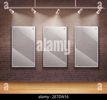 Gallery of 3 transparent glass frames on wall like background template for web design vector illustration Stock Vector