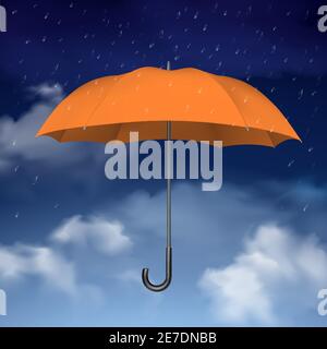 Colorful design concept of orange umbrella at blue sky background with clouds and raindrops vector illustration Stock Vector