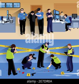 Horizontal banners compositions of  policeman people in office and criminalists working outside flat shadow vector illustration Stock Vector