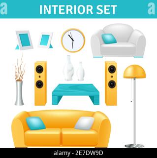 Modern interior realistic design set with sofa stereo system vase and table isolated vector illustration Stock Vector