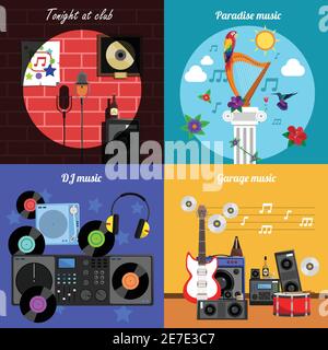 Melody and Instruments square banners set with club dj paradise and garage music flat isolated vector illustration Stock Vector