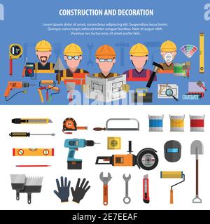 Worker horizontal banner set with construction and decoration elements isolated vector illustration Stock Vector