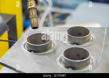 Industrial welding robot for gas metal arc welding at robotic exhibition Stock Photo