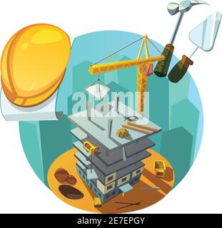 Construction concept with retro style working tools and machinery cartoon vector illustration Stock Vector