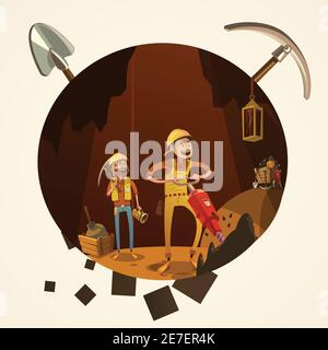 Mining concept with manual workers in mine with drilling tools cartoon retro style vector illustration Stock Vector