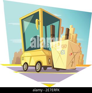 Warehouse concept with retro cartoon forklift carrying cardboard box vector illustration Stock Vector