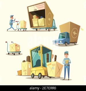 Warehouse concept set with retro cartoon shipping and delivery items isolated vector illustration Stock Vector