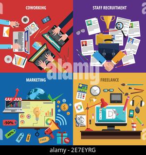 Freelance coworking concept 4 flat icons square banner with staff recruiting and marketing abstract isolated vector illustration Stock Vector