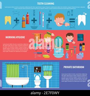 Morning personal hygienic routine of brushing teeth in private bathroom flat horizontal banners set  abstract vector illustration Stock Vector