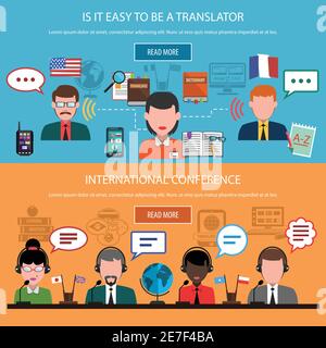 Translation horizontal banners with real time interpretation and multinational conference isolated vector illustration Stock Vector