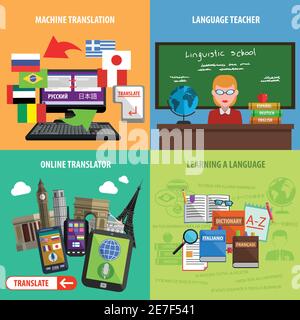 Square decorative icons with machine translation language teacher and online learning vector illustration Stock Vector