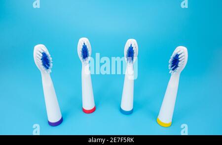 Toothbrush heads isolated on blue background. Stock Photo