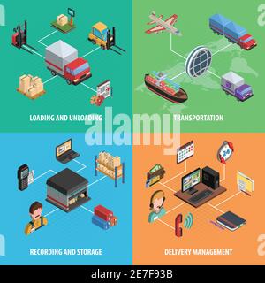 Delivery and logistic square isometric icon set with loading transportation store and delivery management vector illustration Stock Vector