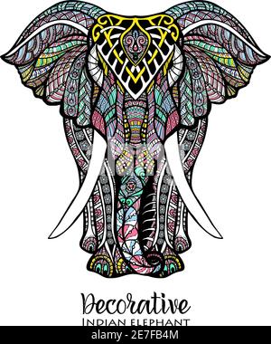 Hand drawn front view elephant with colored ornament vector ...