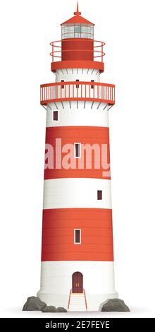 Realistic red lighthouse building isolated on white background vector illustration Stock Vector