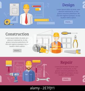 Buildings design construction and reparation carpentry works website concept 3 flat horizontal banners set abstract vector illustration Stock Vector